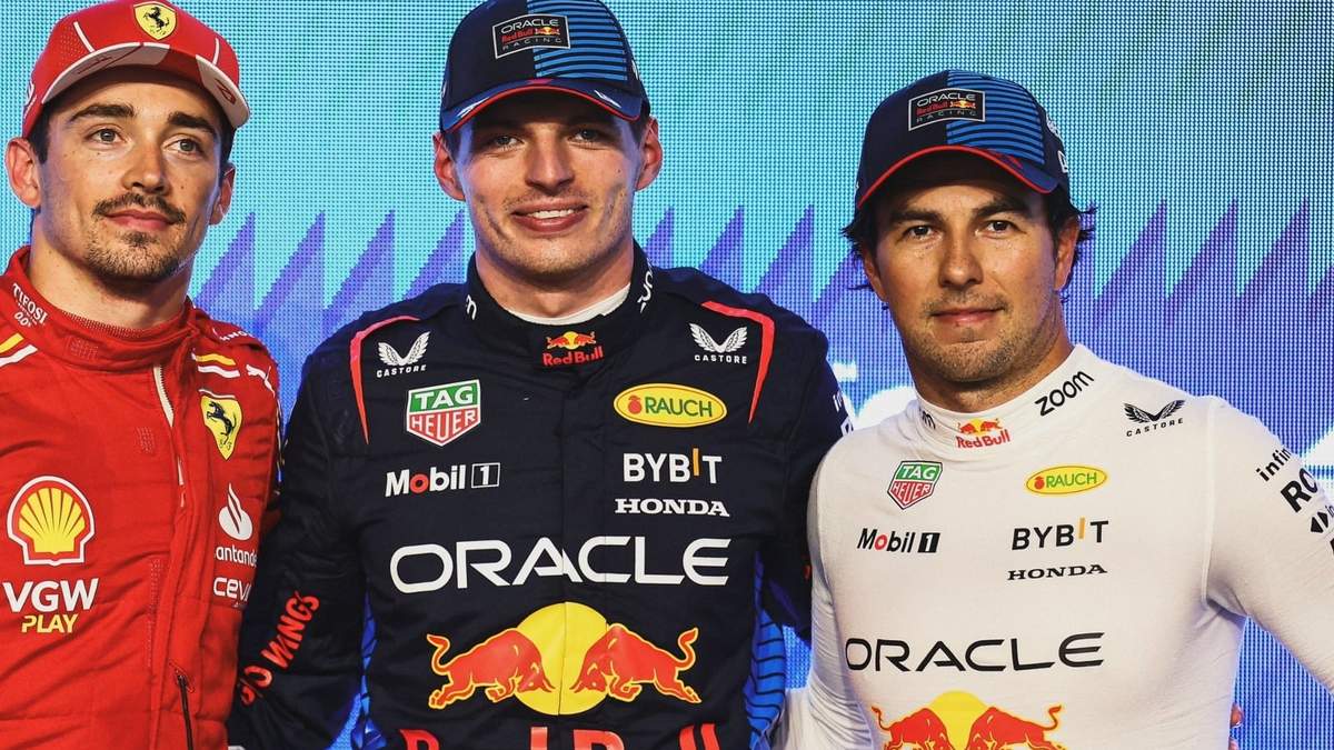 Charles Leclerc, Max Verstappen y Sergio "Checo" Pérez