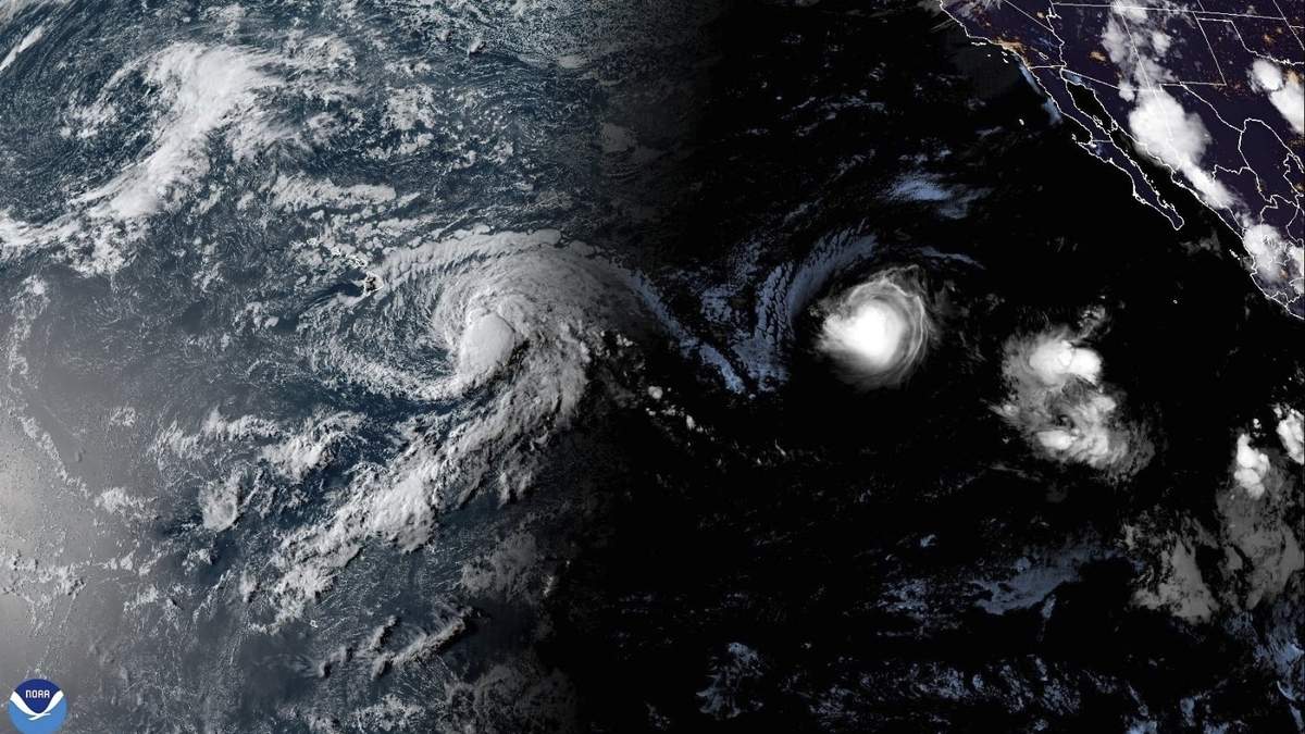 Esta imagen satelital muestra la tormenta tropical Hone y el huracán Gilma situados al sureste de Hawai