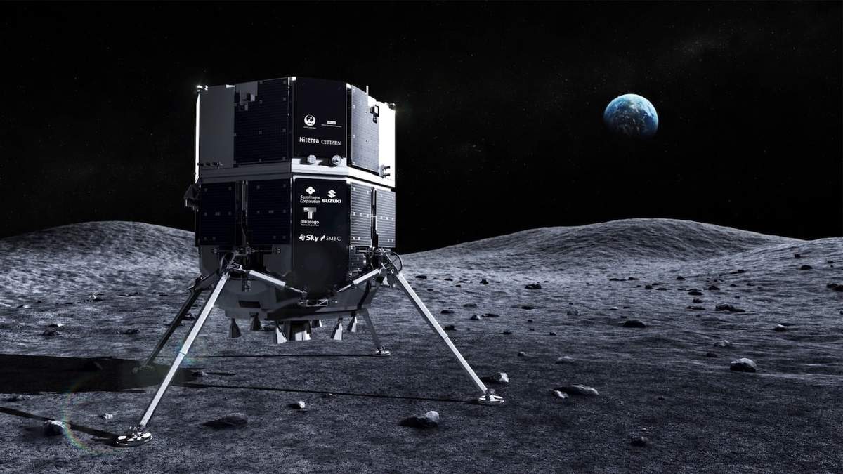 Ilustración que representa al módulo lunar Hakuto en la superficie de la Luna, con la Tierra al fondo