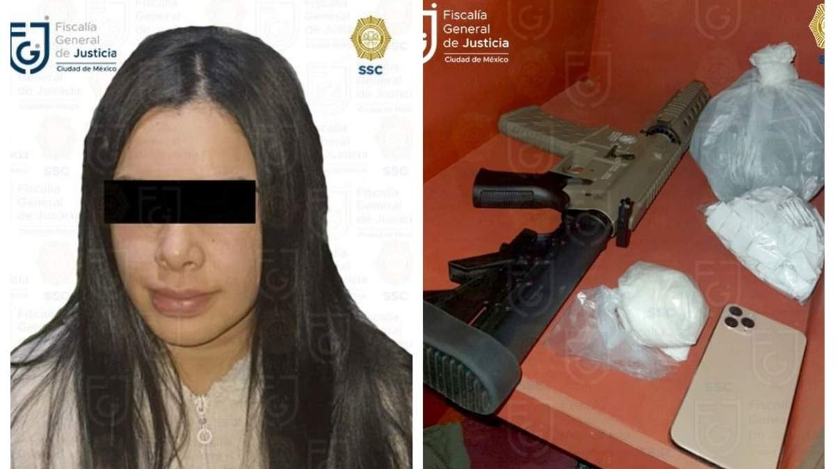 Mitzy Yunuen con la droga y el arma que le decomisaron