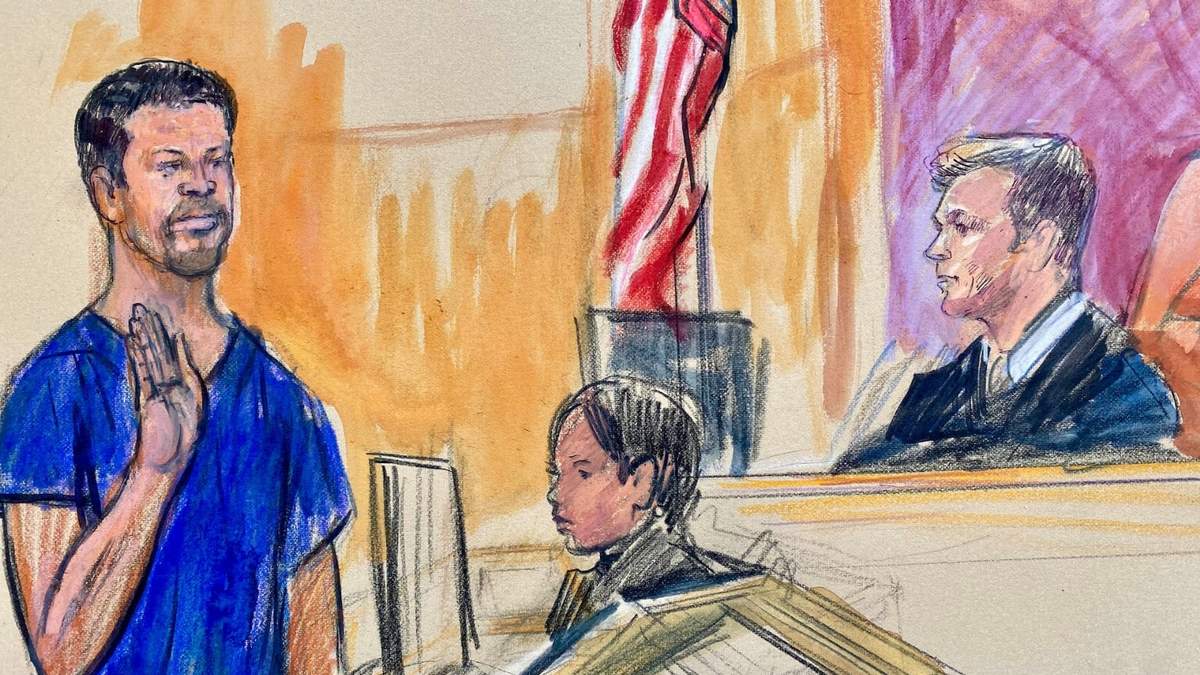 Este boceto judicial muestra a Cole Tomas Allen frente al juez