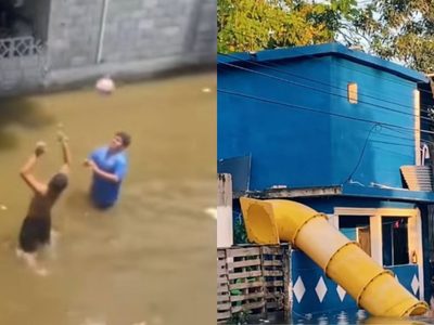 Tobogán y voleibol en calles inundadas de Tampico se vuelven virales (VIDEOS)