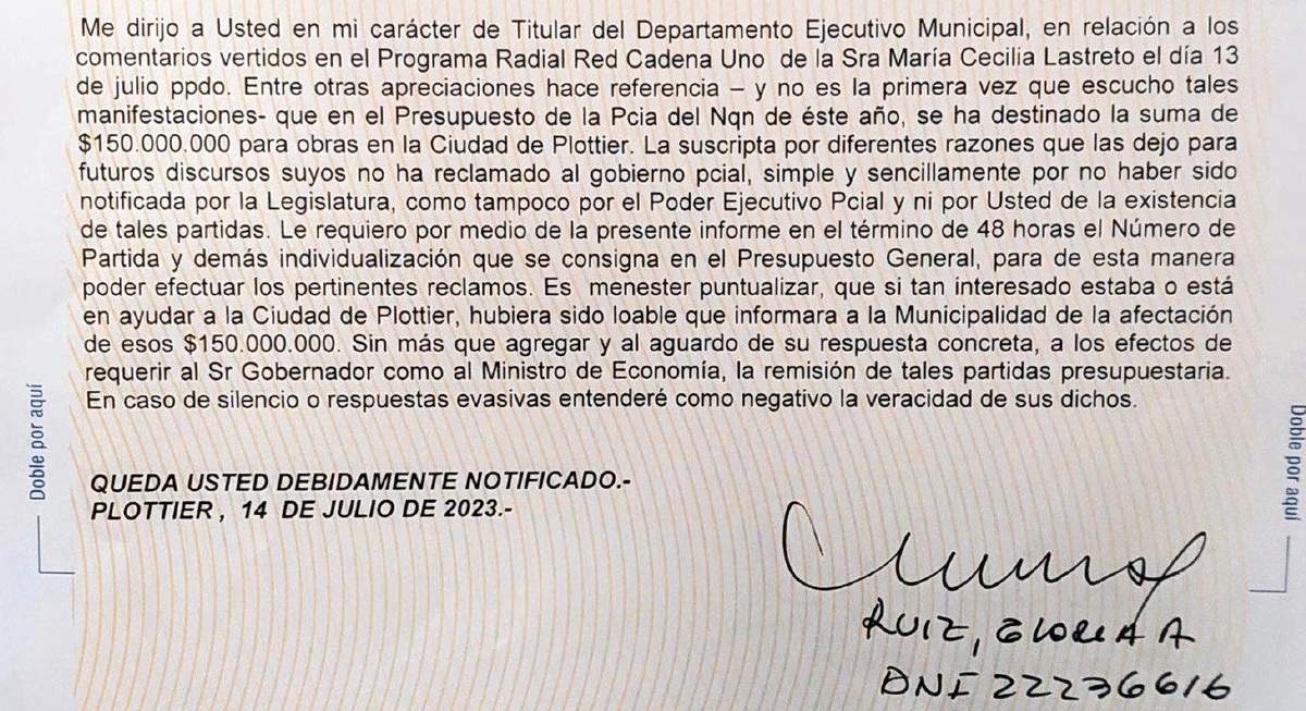 Carta documento enviada a Peressini. Fuente: (Twitter)