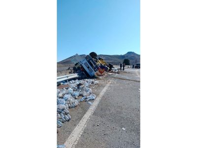 Un camión que transportaba botellas de agua perdió el control y volcó al costado de la ruta