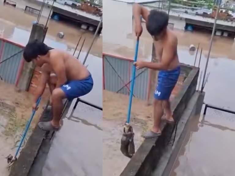 Niño salva a un gato de las inundaciones en Poza Rica, Veracruz