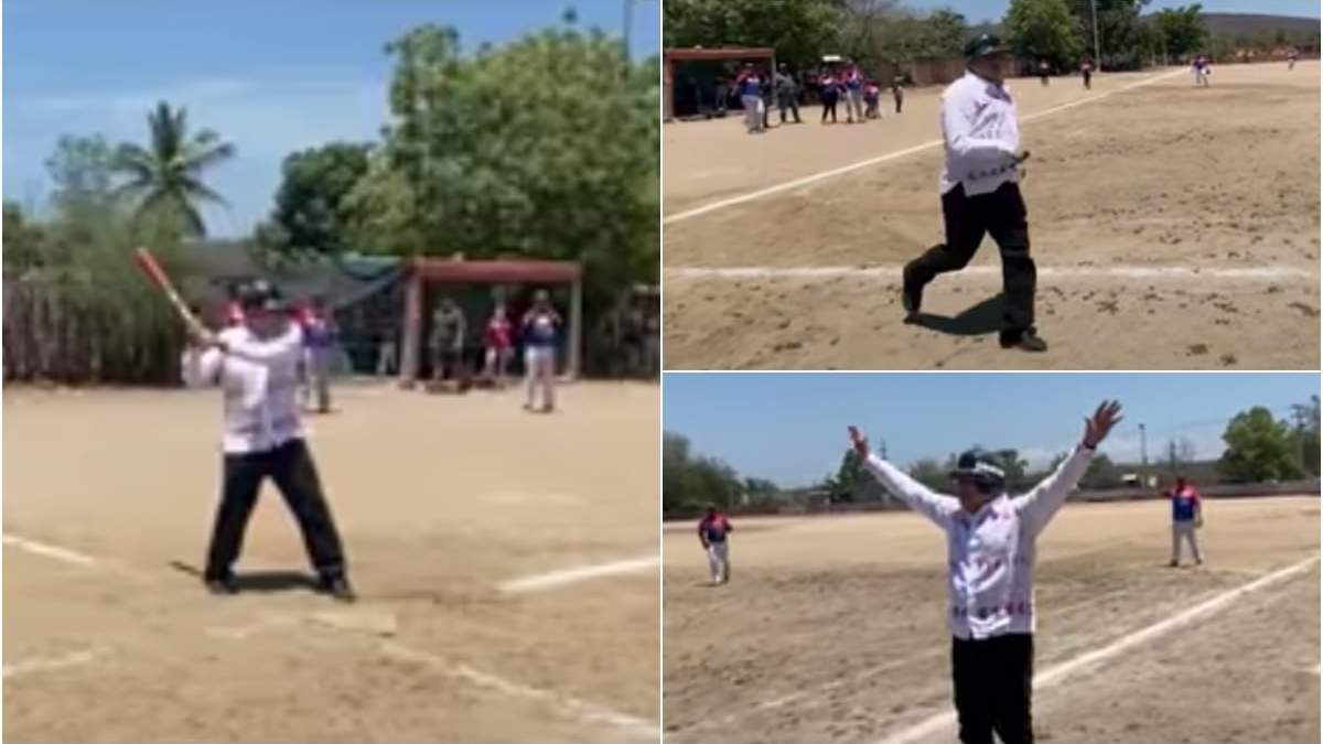 El presidente López Obrador bateó la pelota y corrió durante unos instantes