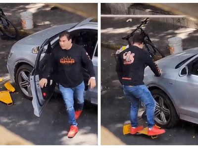 Conductor rompe la araña que le colocaron a su auto; lo apodan #LordInmovilizador (Video)