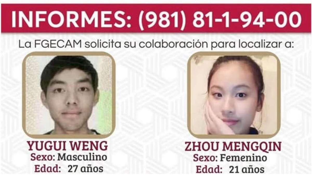 Yugui Weng, de 27 años y  Zhou Mengquin, de 21 años, chinos desaparecidos en Campeche