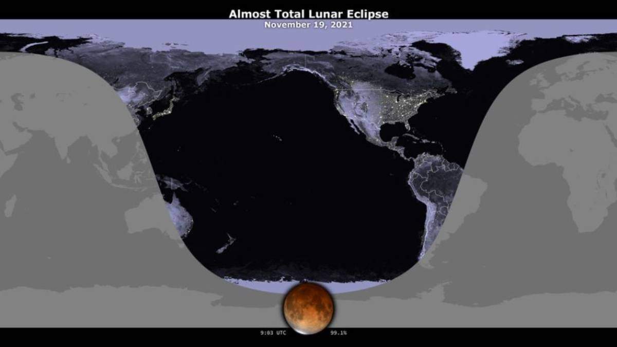 Un mapa muestra la visibilidad del eclipse lunar parcial del 18 al 19 de noviembre