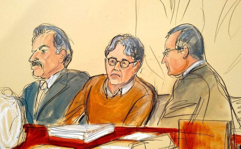 Dibujo del acusado Keith Raniere (centro), líder del grupo secreto NXIVM