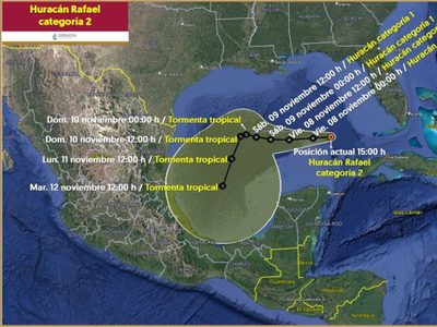 Huracán Rafael categoría 2 avanza en el Golfo de México con esta trayectoria