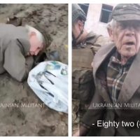 Soldados ucranianos ayudan a un anciano que se desmayó cuando buscaba comida