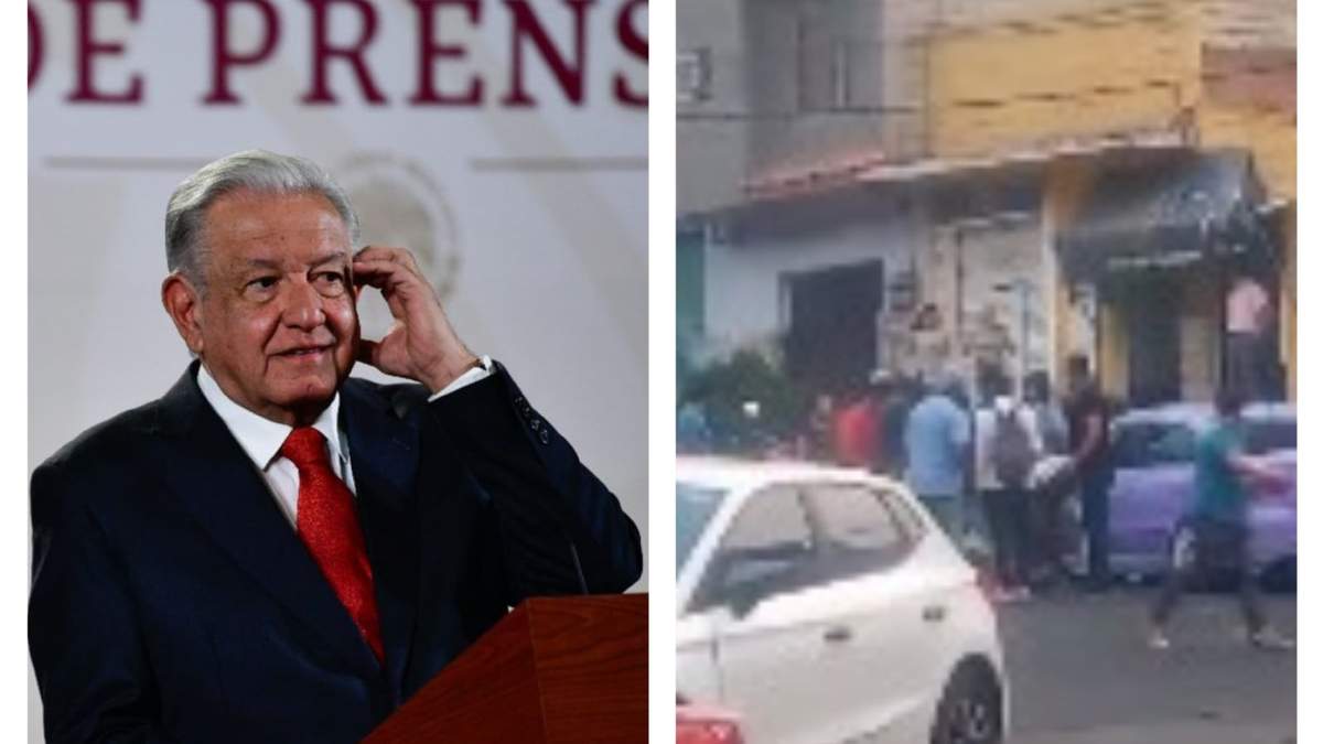 El presidente Andrés Manuel López Obrador y porros en inmediaciones del CCH Naucalpan