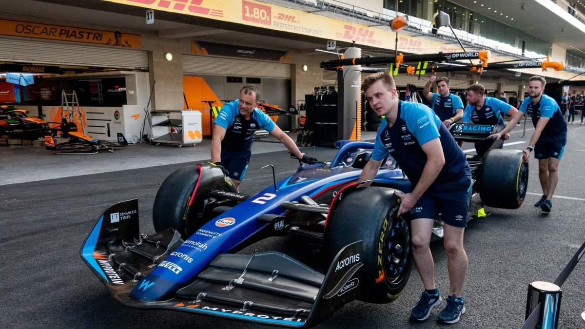 Equipo de trabajo de la escudería Williams Racing en la zona de pits con el auto de Logan Sargeant en el Autódromo Hermanos Rodríguez