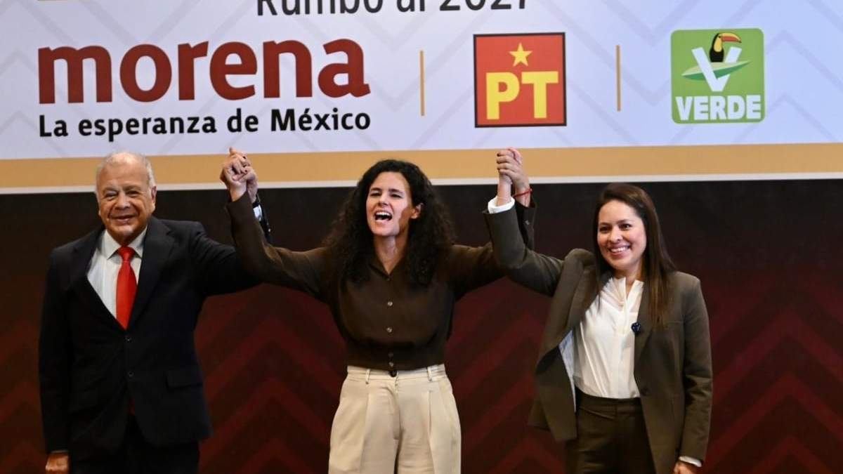 Los dirigentes del PT, Morena y PVEM, Alberto Anaya, Luisa María Alcalde Luján y Karen Castrejón