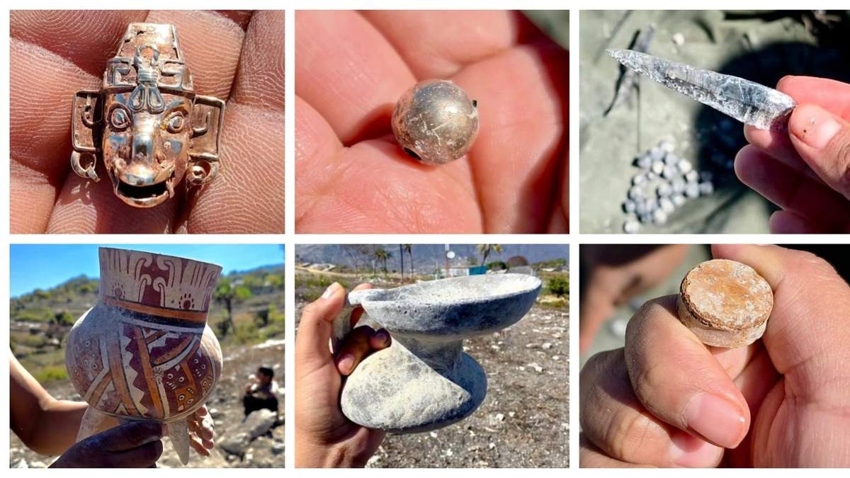 Algunos de las 60 piezas encontradas en el entierro mixteca