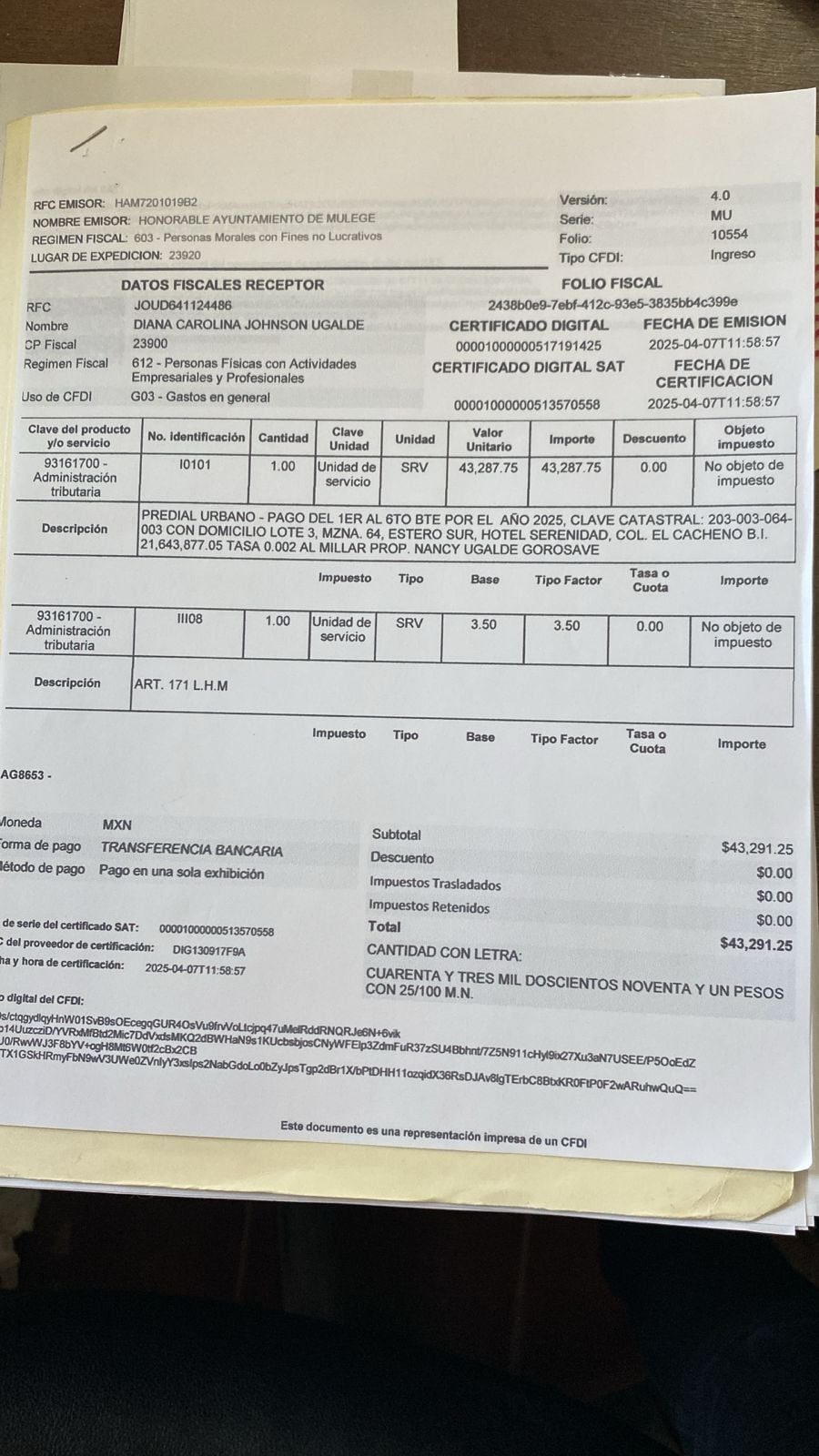 predial de este año, donde el municipio de Mulegé, les cobra a ellos como dueños