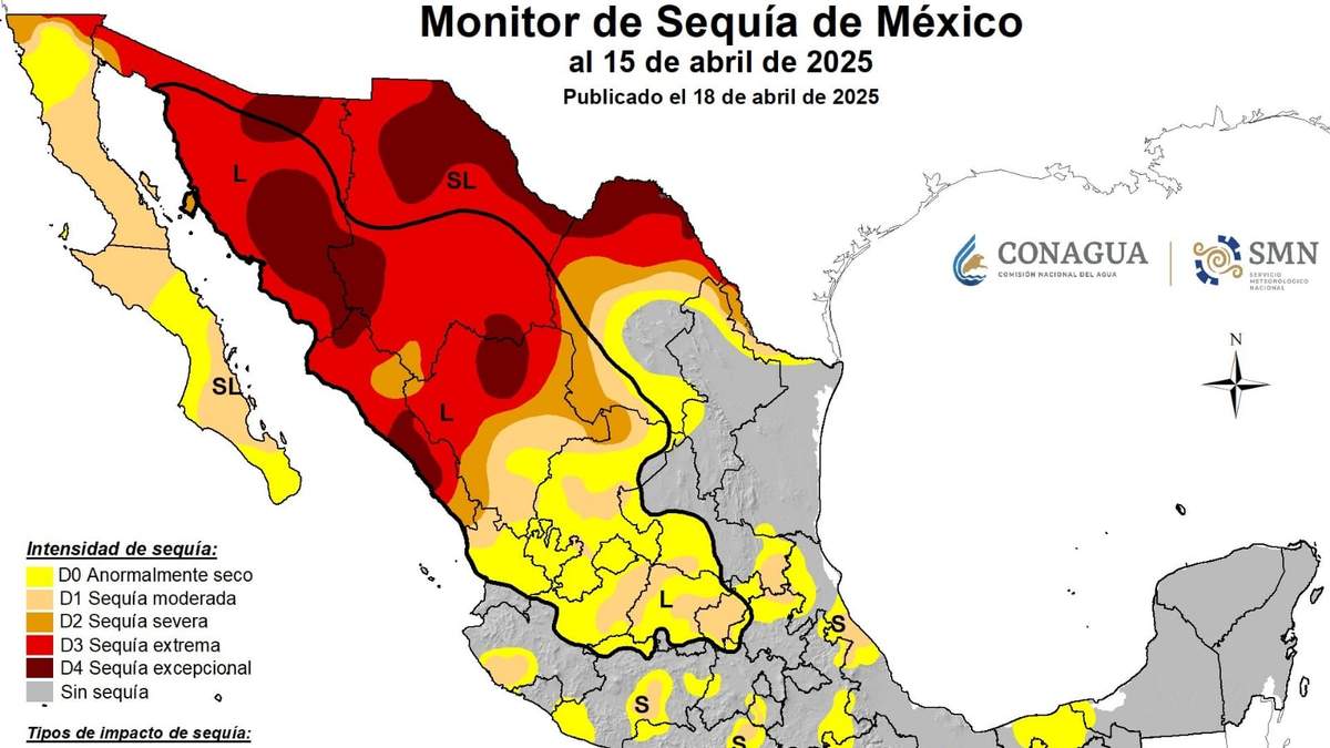 Monitor de sequía de Conagua al 15 de abril de 2025