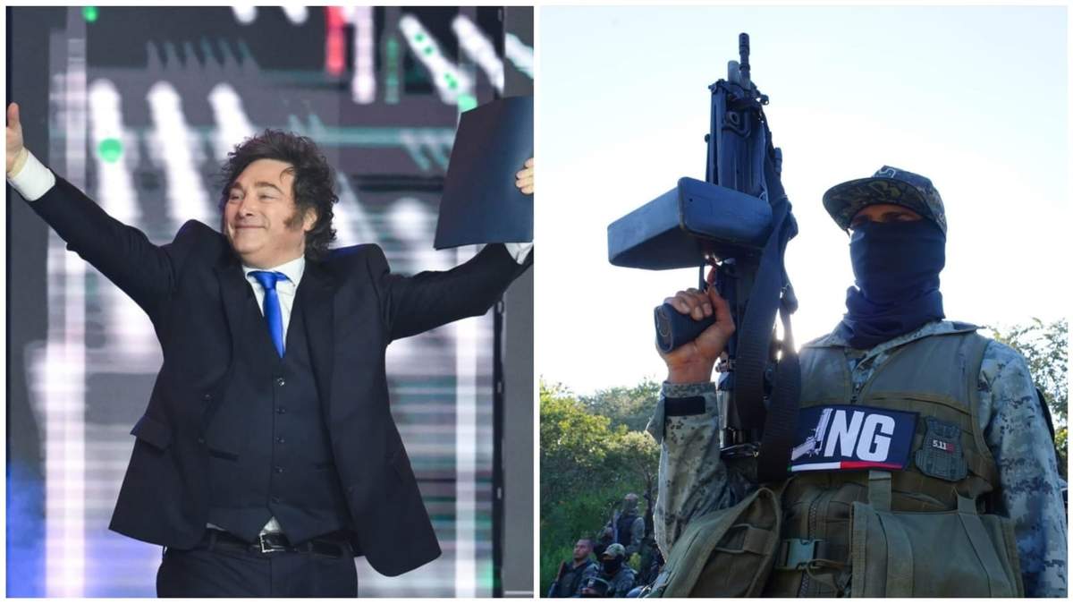 El presidente de Argentina, Javier Milei; un integrante del Cártel Jalisco Nueva Generación