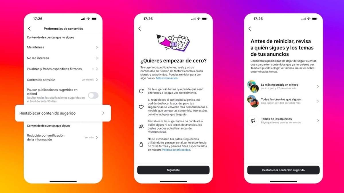Interfaz del restablecimiento de recomendaciones de contenido - META