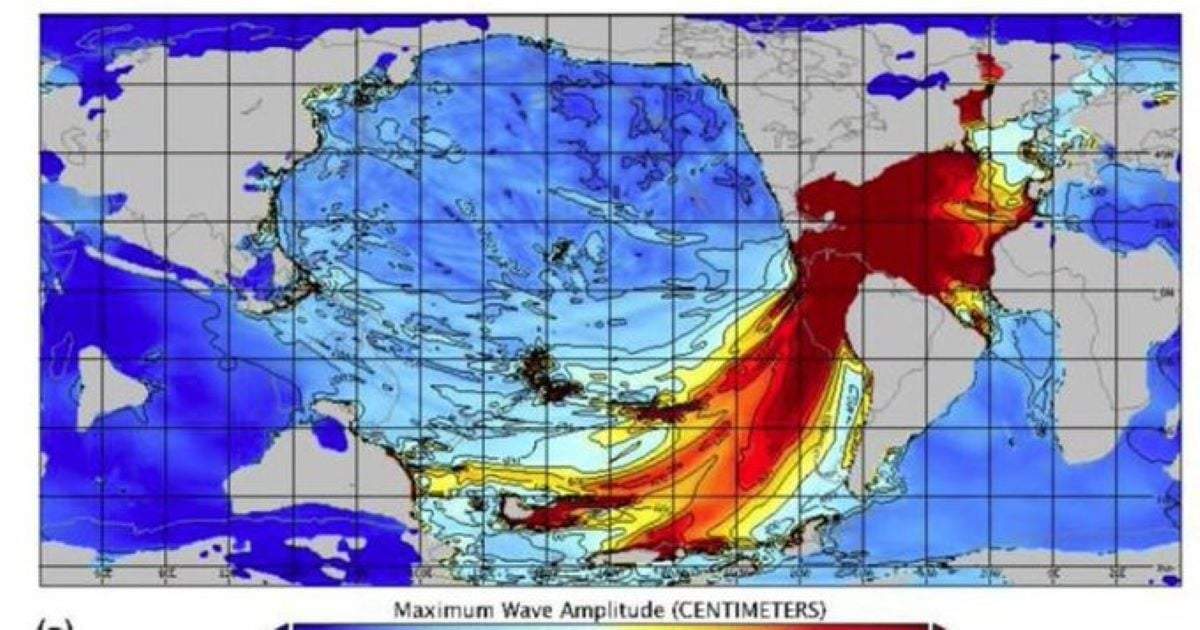 Amplitud máxima de la ola de tsunami, en centímetros, tras el impacto de un asteroide hace 66 millones de años