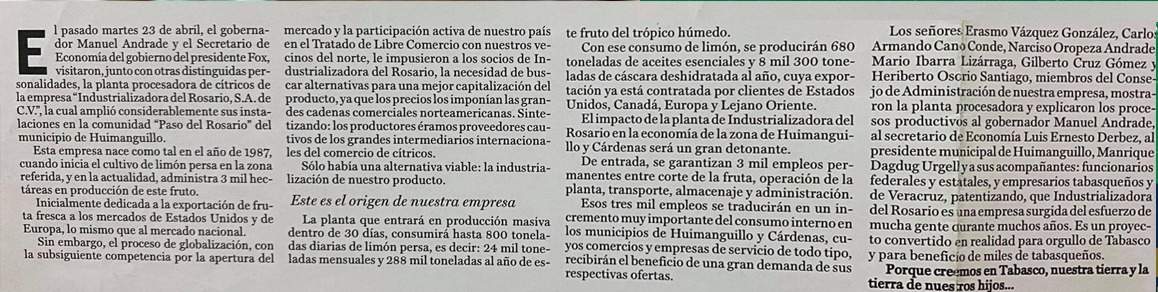 Reportes de prensa documentan las actividades económicas de Vázquez González con más de 40 años en el negocio de la siembra, producción y venta de limón persa en los estados de Tabasco, Oaxaca y Veracruz