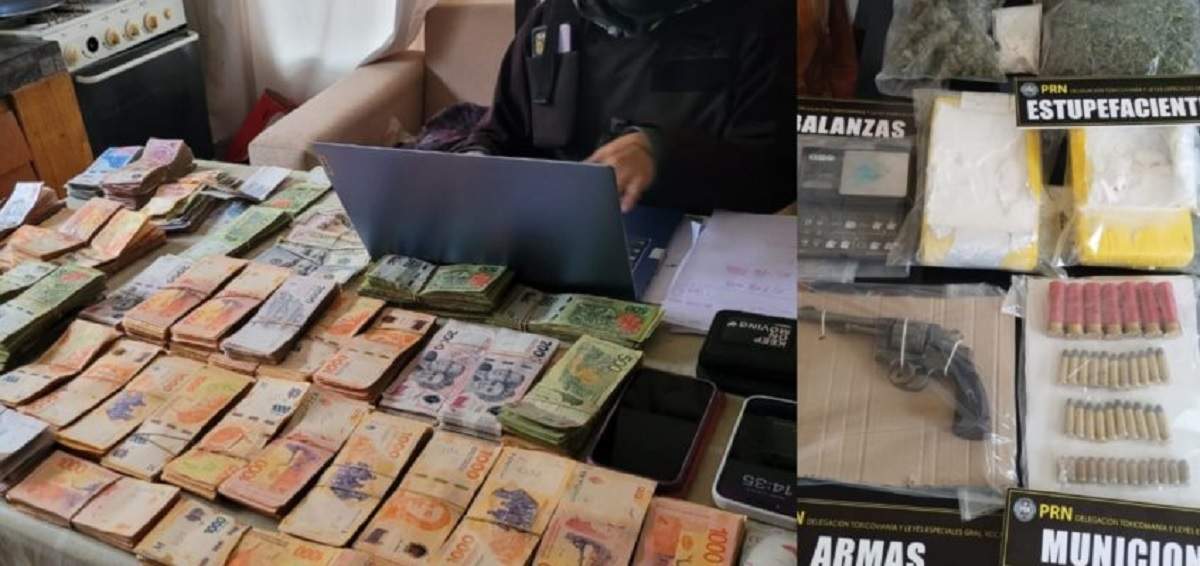Gran cantidad de droga, dinero, un arma y municiones fueron secuestrados en General Roca. Fuente: (Policía de Río Negro)