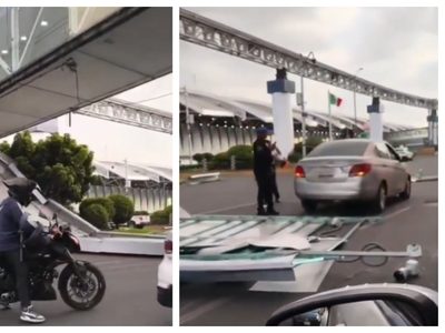 AICM: Se desprende estructura de un puente peatonal y cae sobre conductora (Video)