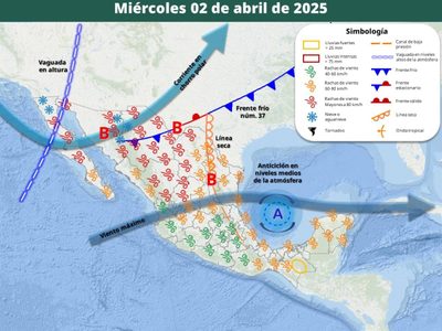 Frente frío 37 se extenderá este miércoles; lluvias y vientos fuertes en estas entidades