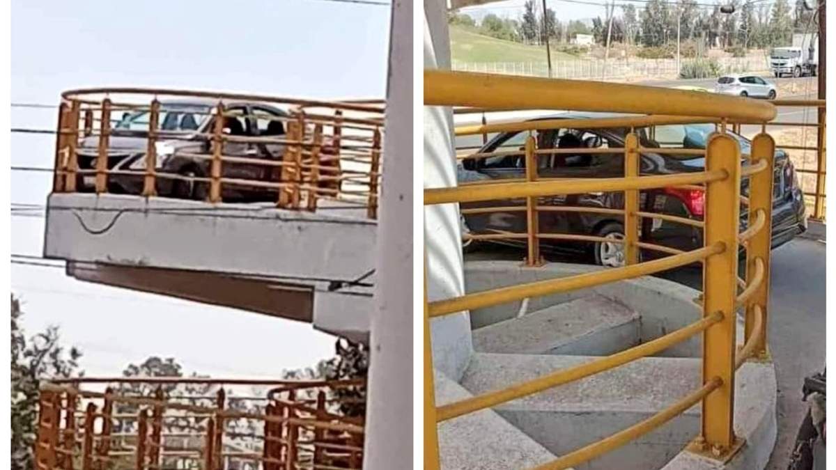 El auto atorado en el puente peatonal de Irapuato