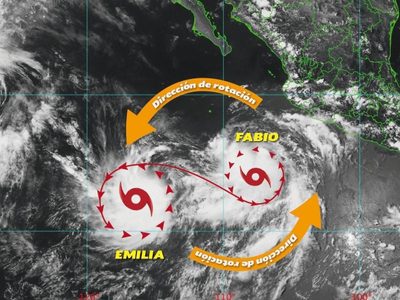 Efecto Fujiwhara: ciclones Fabio y Emilia se fusionarían este miércoles; se prevén lluvias fuertes