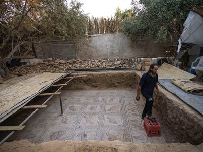 Agricultor palestino descubre mosaico bizantino en su terreno en la Franja de Gaza