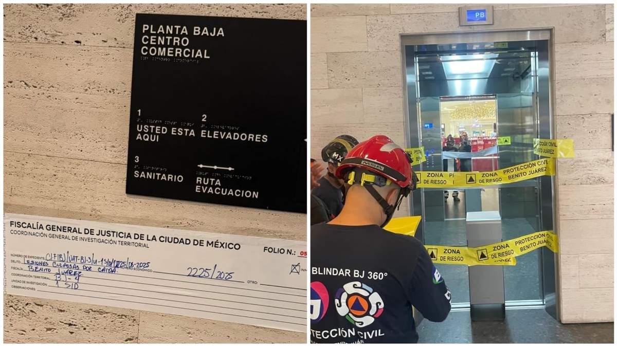 Sellos de la FGJCDMX en la Plaza Mítikah tras el desplome de un elevador y sellos de zona de riesgo colocados por protección civil