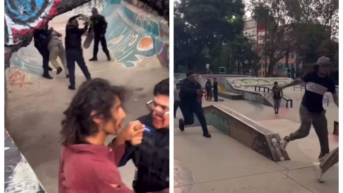 En los videos se ven a policías golpeando a un joven sometido y a otros apuntando sus armas contra dos patinadores