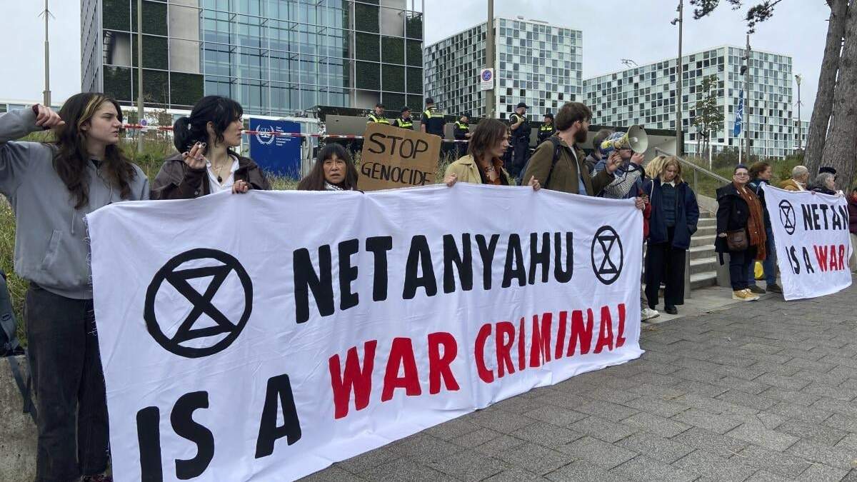 Protesta propalestina cerca de la sede de la Corte Penal Internacional en La Haya, Holanda
