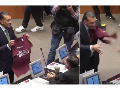 Riña legislativa: senador del PVEM y Fernández Noroña se avientan playera en apoyo a Rocha Moya