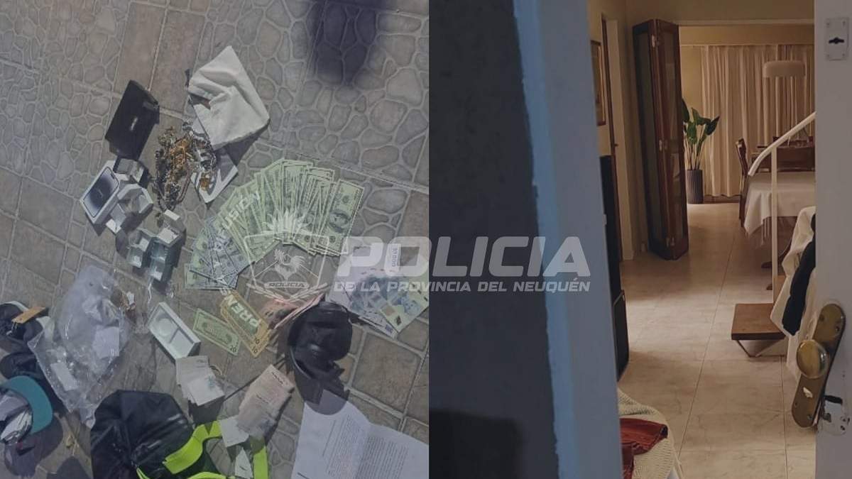 Los elementos recuperados y la cerradura reventada de la vivienda de calle Pinar. Fuente (Policía de Neuquén)