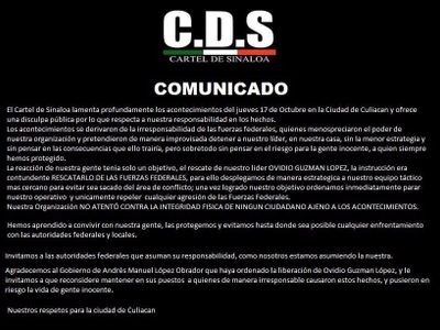 En supuesto comunicado, Cártel de Sinaloa pide renuncia de responsables de operativo en Culiacán