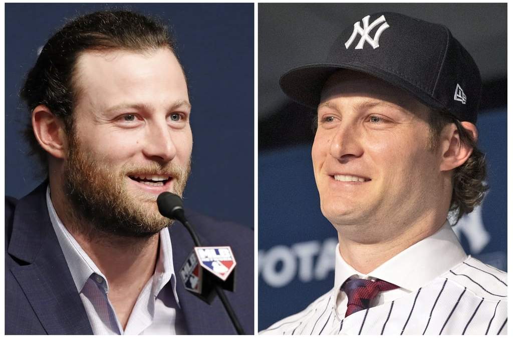 Esta combinación de fotos de archivo muestra al lanzador abridor de los Astros de Houston, Gerrit Cole, el 14 de octubre de 2019, y siendo presentado como jugador de los Yankees de Nueva York el 18 de diciembre de 2019