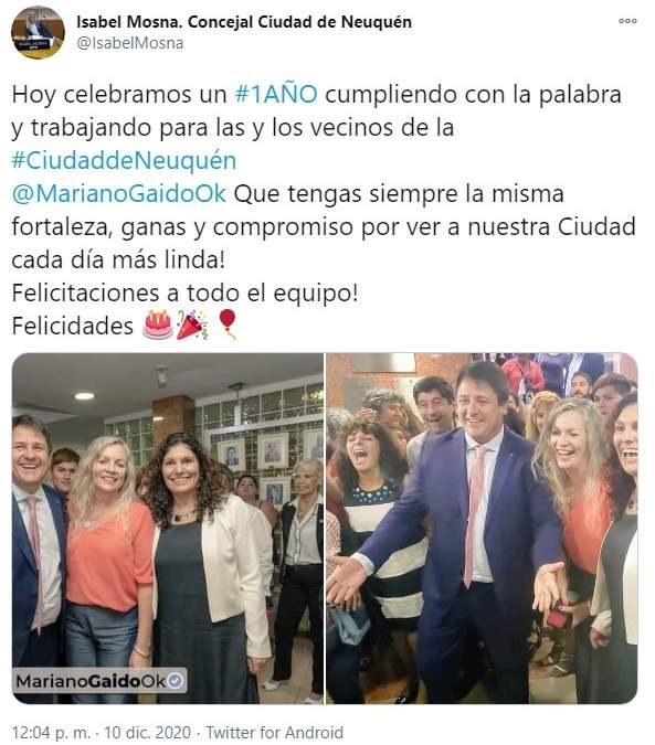 Tuit de la edil Mosna. Fuente: (Twitter)
