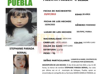 Fiscalía de Puebla activa alerta ámber por la desaparición de la niña Stephanie de nueve años