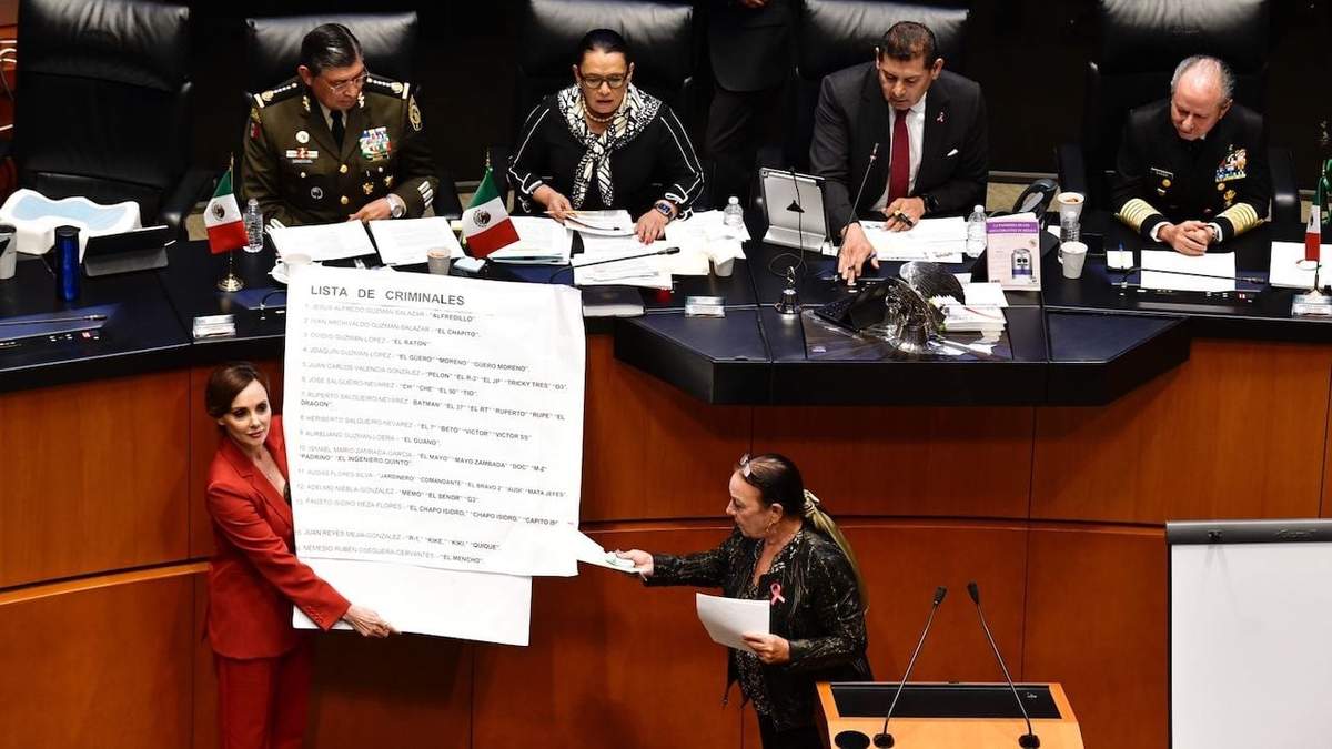 Lilly Téllez mostró una pancarta con nombres de líderes de grupos del crimen organizado