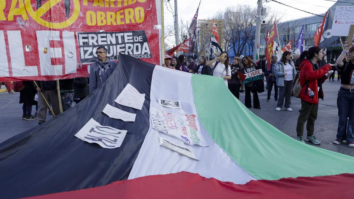 La bandera de Palestina en la marcha de Neuquén. Fuente: (Emiliano Ortiz)