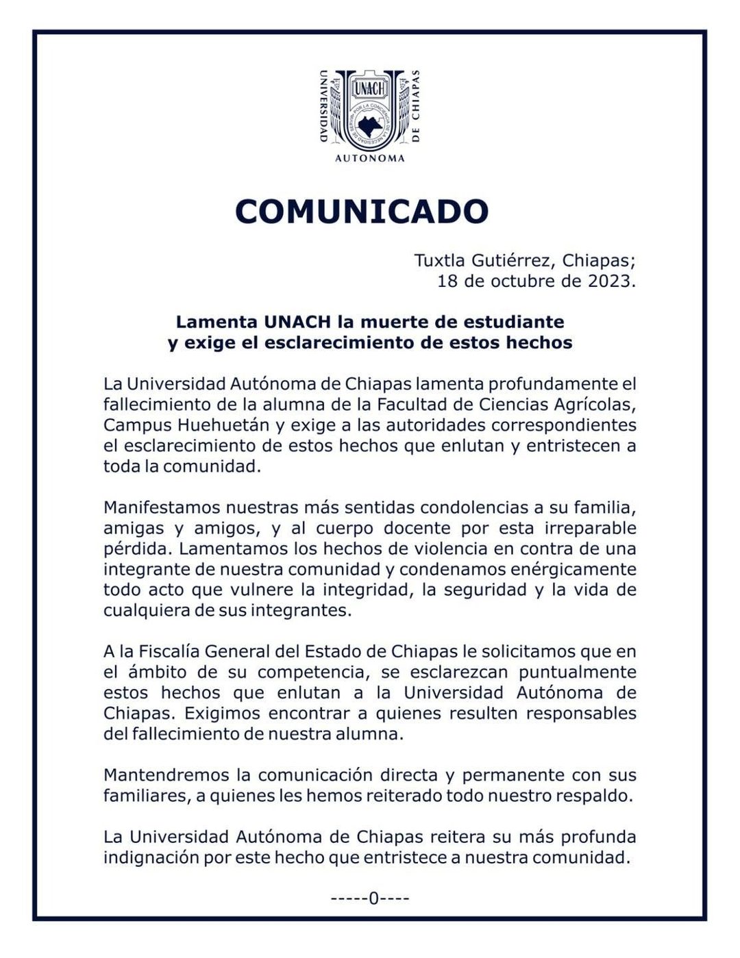 Comunicado de la UNACH por el asesinato de la estudiante Yadira Pérez Pérez