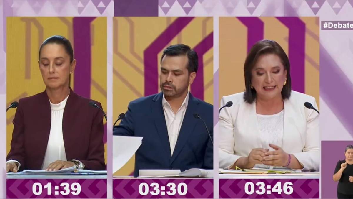 Claudia Sheinbuam Pardo, Jorge Álvarez Máynez y Xóchitl Gálvez Ruiz en el primer debate presidencial