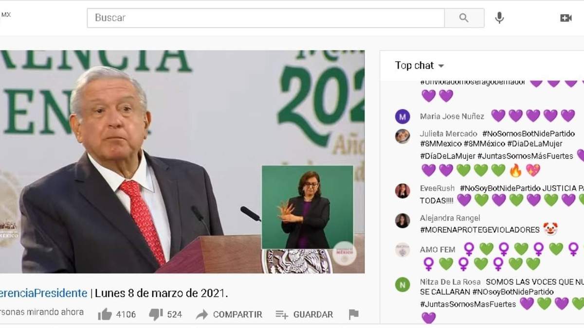 Protestas feministas y mensajes de apoyo al presidente inundaron la transmisión de la mañanera