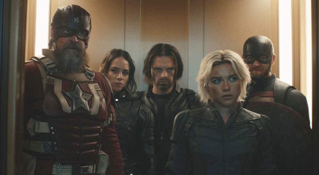 Esta imagen publicada por Marvel Studios muestra, de izquierda a derecha, David Harbour, Hannah John-Kamen, Sebastian Stan, Florence Pugh y Wyatt Russell en una escena de "Thunderbolts"