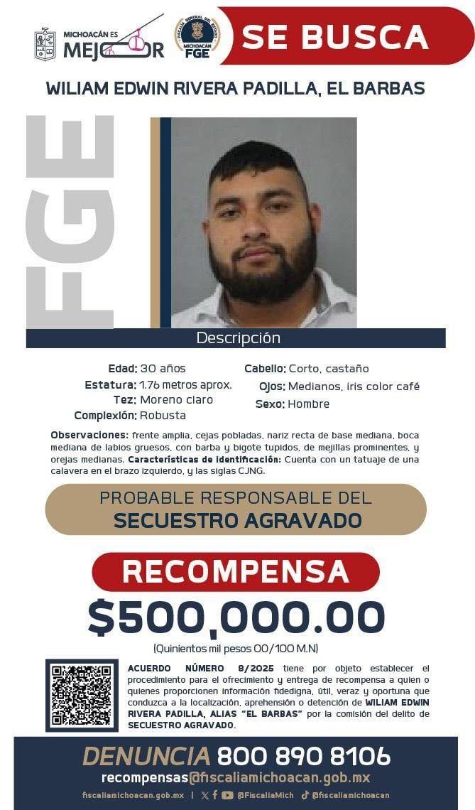 Ficha de búsqueda de El Barbas, presunto jefe del CJNG en Zitácuaro, Michoacán