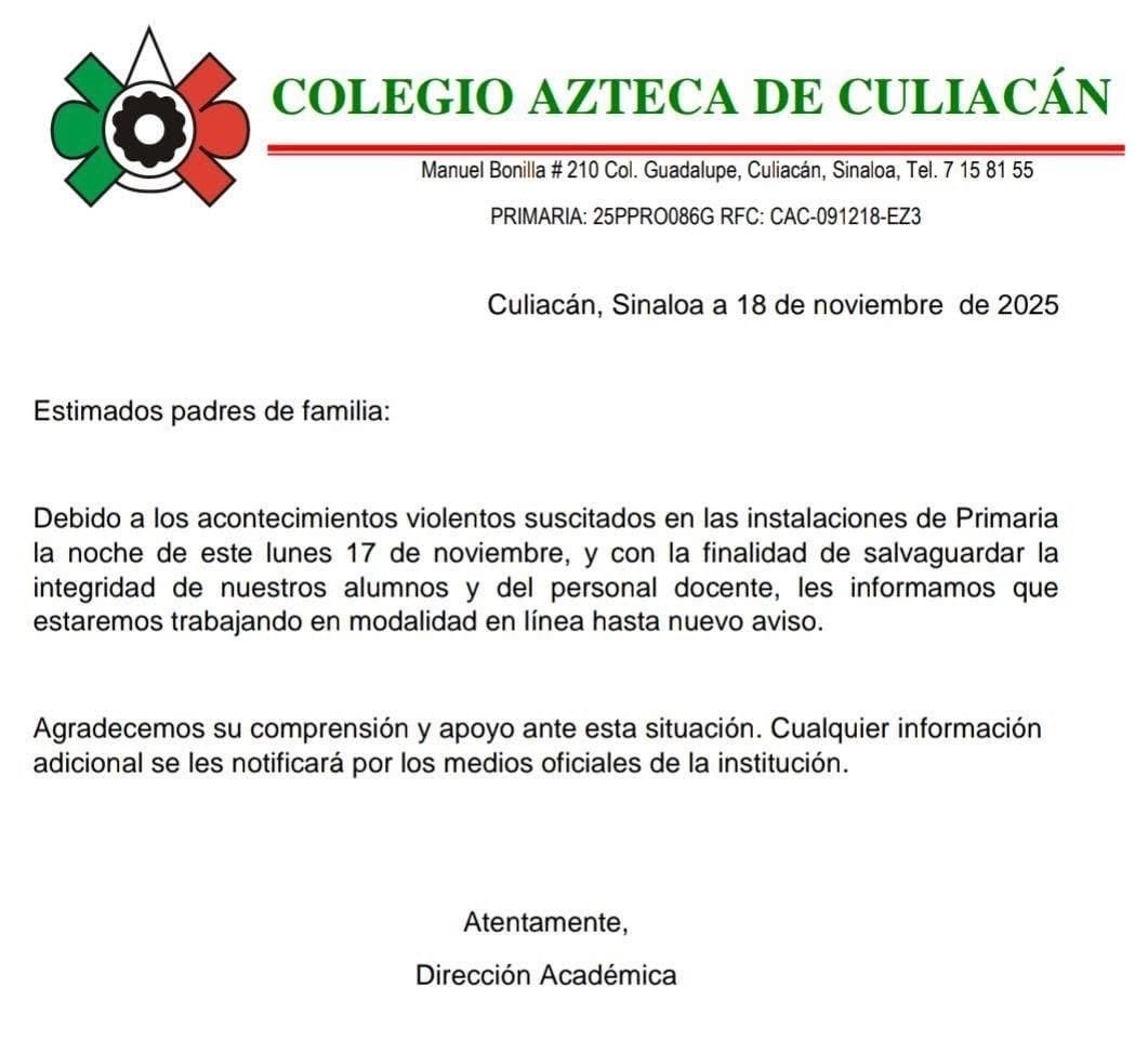 Aviso de suspensión de clases presenciales en Colegio Azteca de Culiacán
