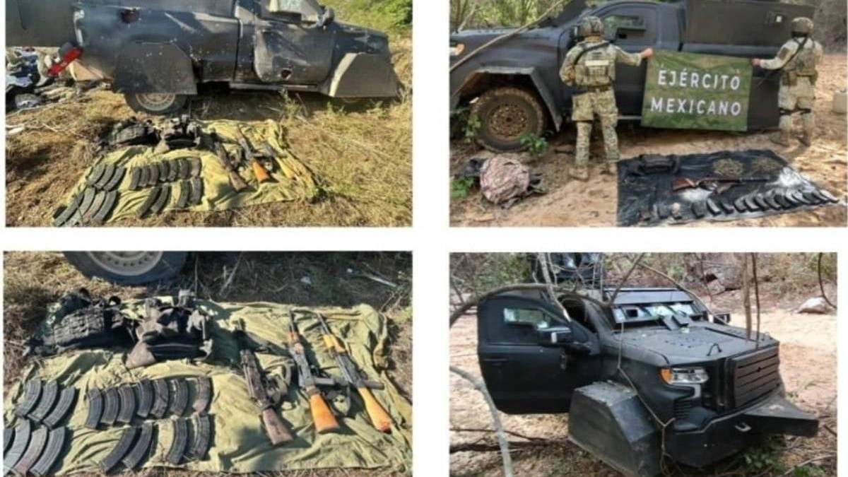 Armas, cartuchos y vehículos blindados asegurados en zona serrana de Sinaloa